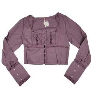 NWT Free People Joi‎ Eyelet Cropped Bohemian Roan Rouge Joi Blouse- Size Med